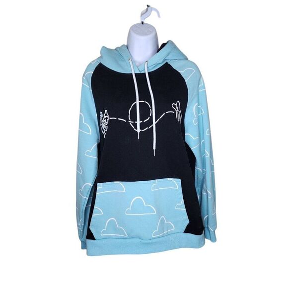D'Angelo Wallace Who Cares Hoodie Sweatshirt Bee Clouds Mens Size M Black Blue - Picture 1 of 7